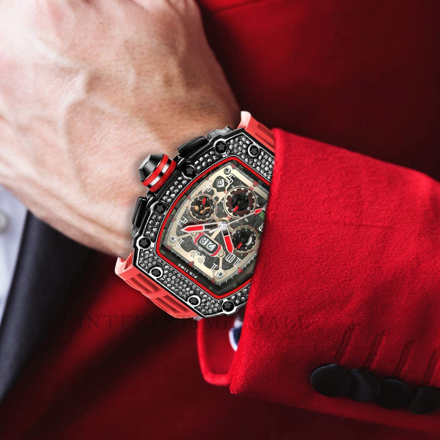 Gosasa Mens Diamond Watches Luxury Tonneau Watches for Men Analog Watch Chronograph Calendar Date Men’s Dress Business Work Watch Large Rectangle Face Wristwatch with Silicon Strap - Image 3